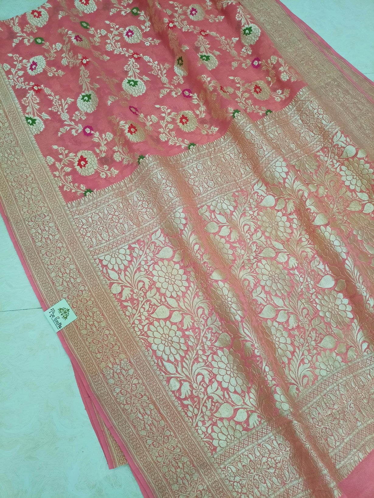 Khaddi Georgette Handloom Banarasi Saree - Jaal with Meenakari