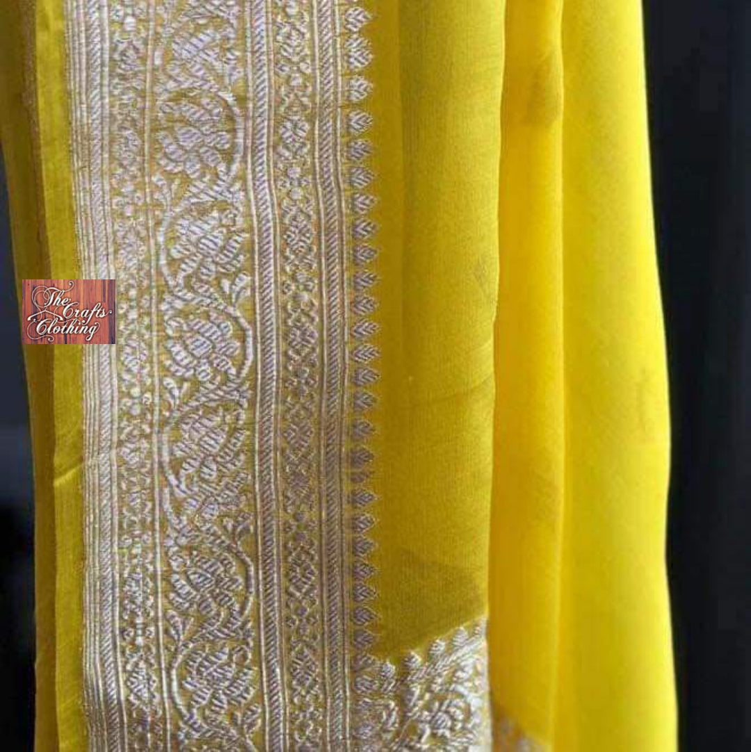 Yellow elegant Kaddi Georgette Saree with Golden Banarasi Stripes-RIDA –  www.soosi.co.in