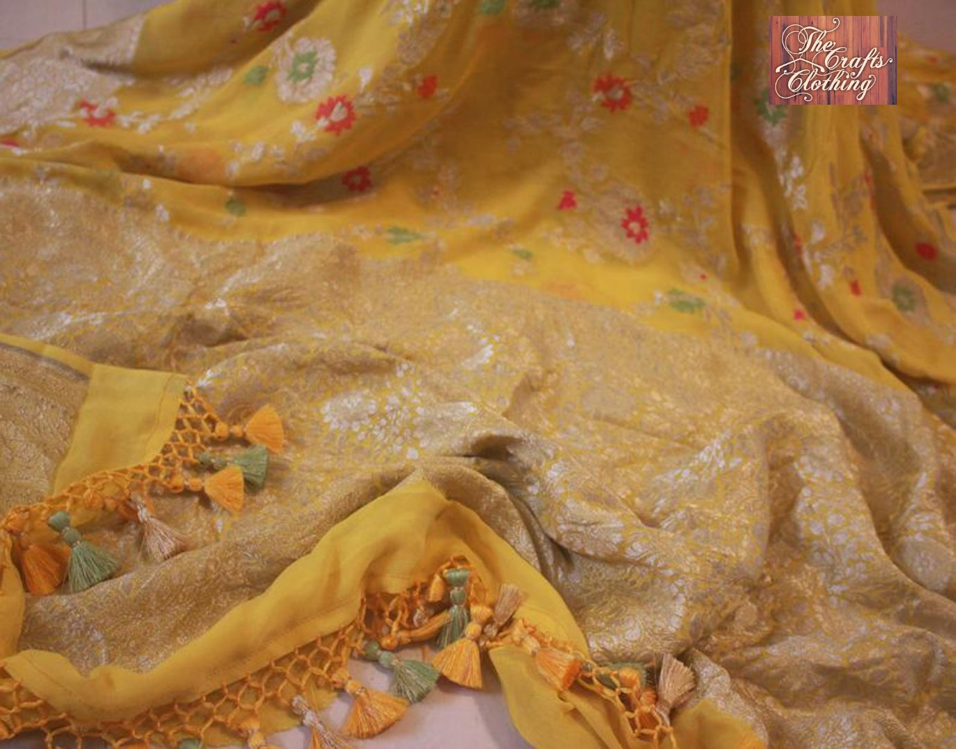 Yellow Khaddi Georgette Banarasi Saree - Jaal with Meenakari - The Crafts Clothing