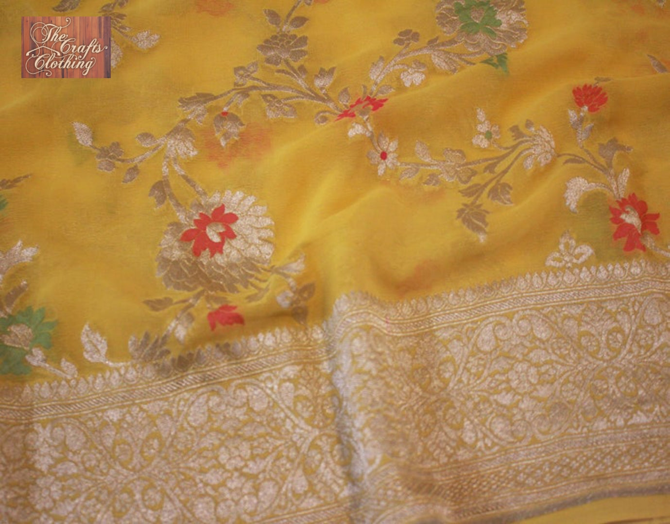 Yellow Khaddi Georgette Banarasi Saree - Jaal with Meenakari - The Crafts Clothing