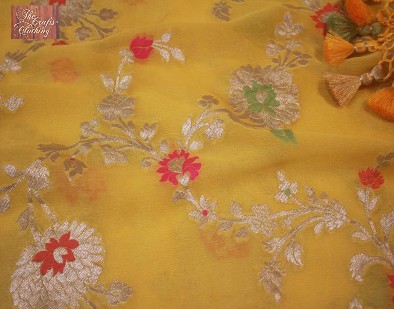 Yellow Khaddi Georgette Banarasi Saree - Jaal with Meenakari - The Crafts Clothing