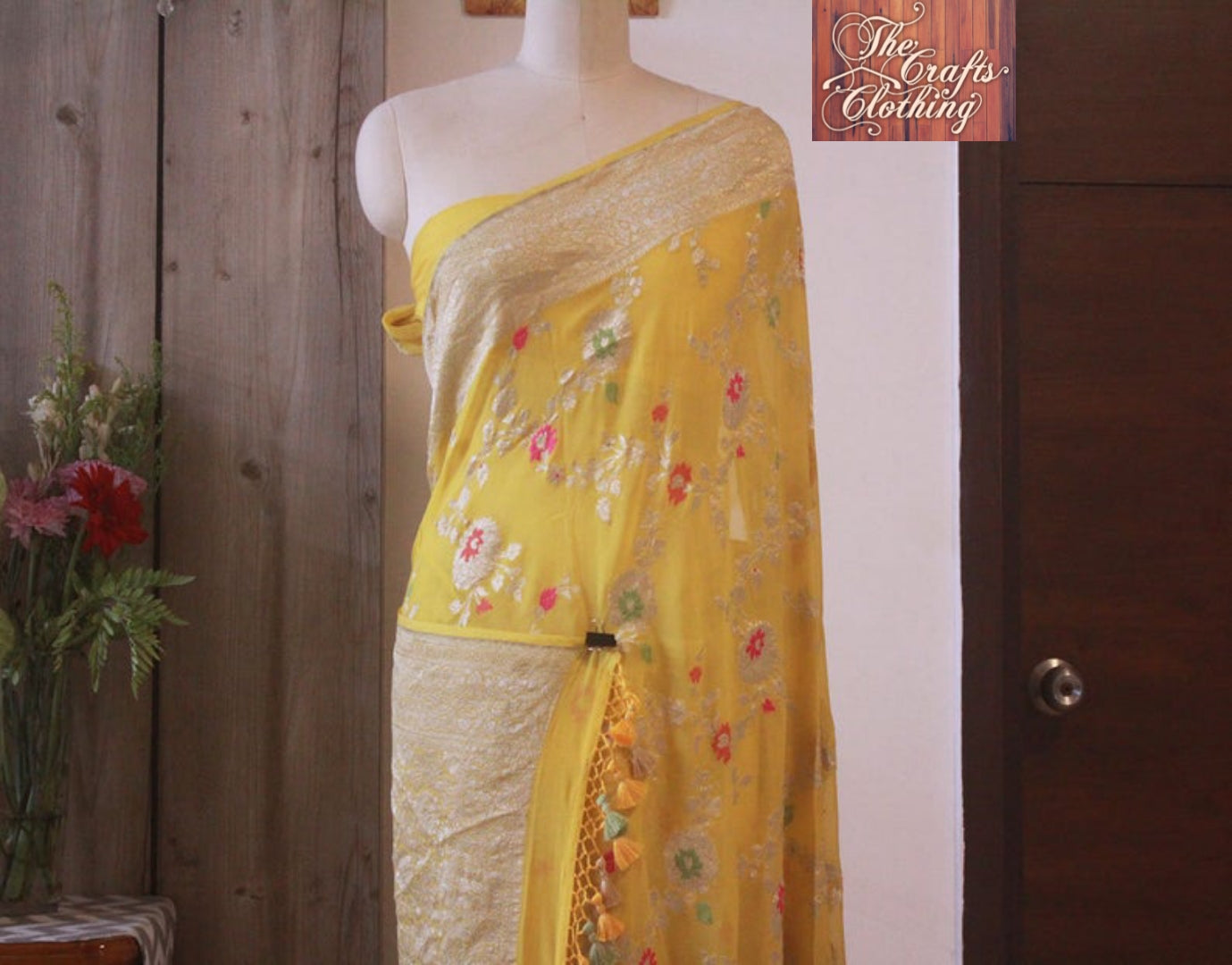 Yellow Khaddi Georgette Banarasi Saree - Jaal with Meenakari - The Crafts Clothing