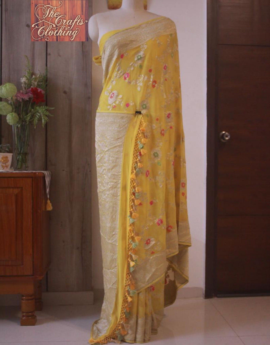 Yellow Khaddi Georgette Banarasi Saree - Jaal with Meenakari - The Crafts Clothing