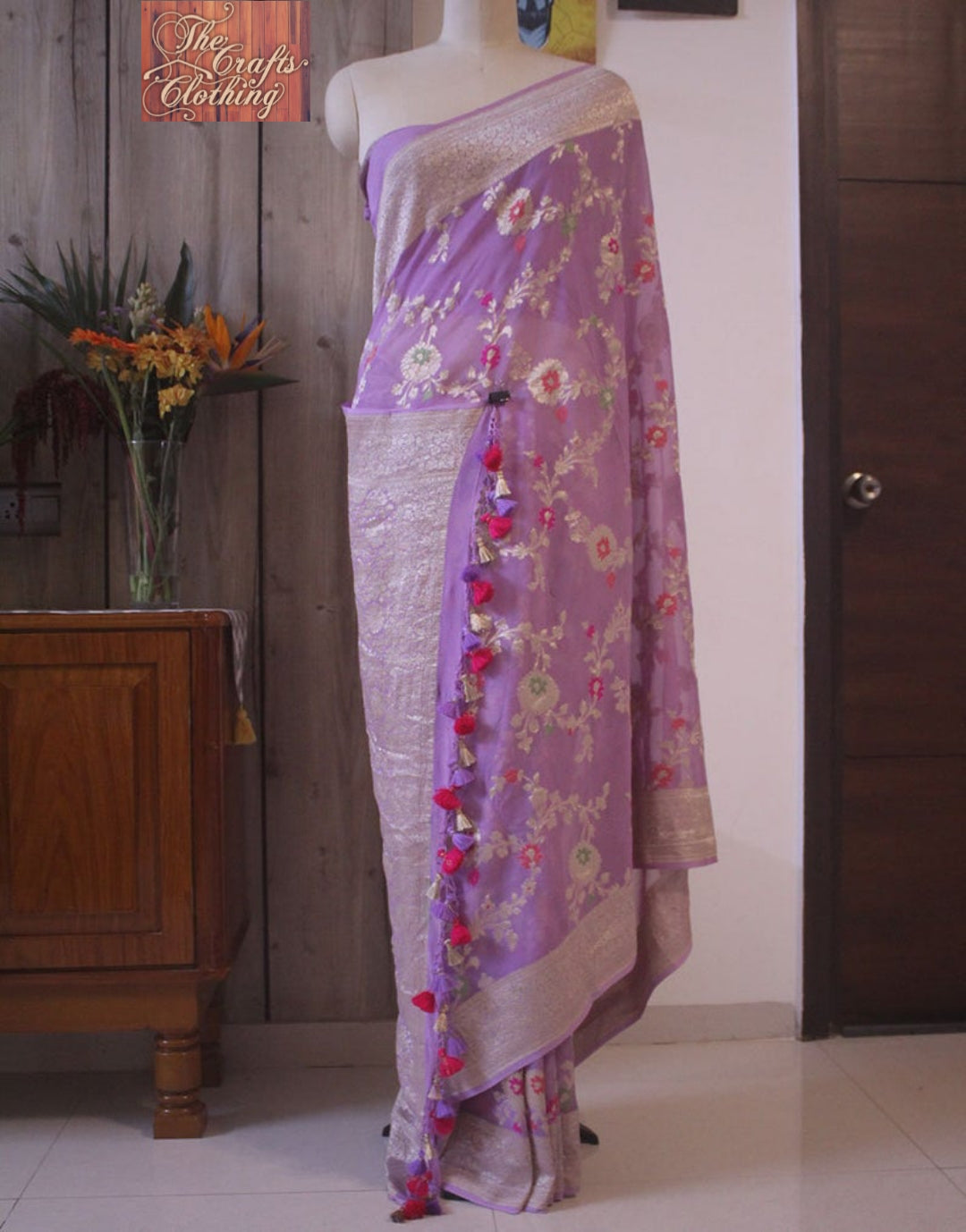 Khaddi Georgette Handloom Banarasi Saree - Jaal with Meenakari - The Crafts Clothing