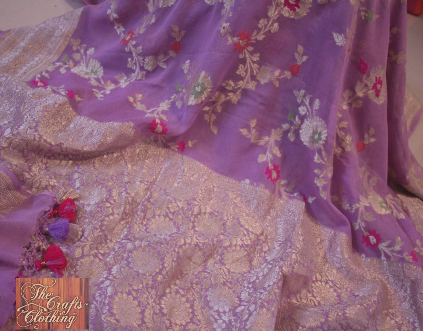 Khaddi Georgette Handloom Banarasi Saree - Jaal with Meenakari - The Crafts Clothing