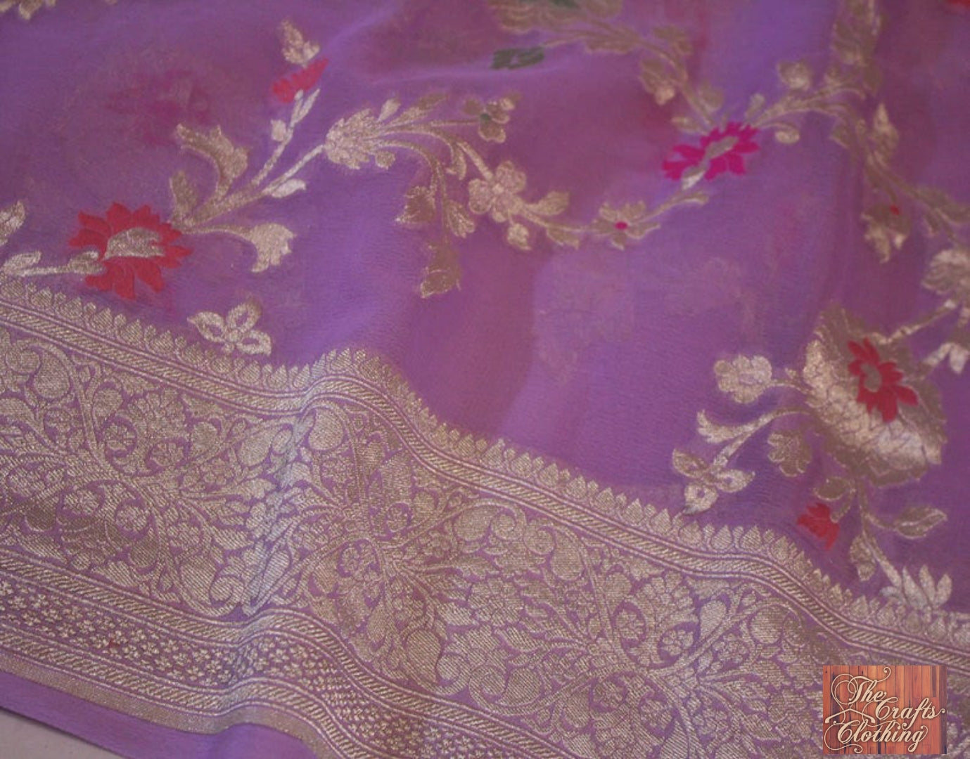 Khaddi Georgette Handloom Banarasi Saree - Jaal with Meenakari - The Crafts Clothing