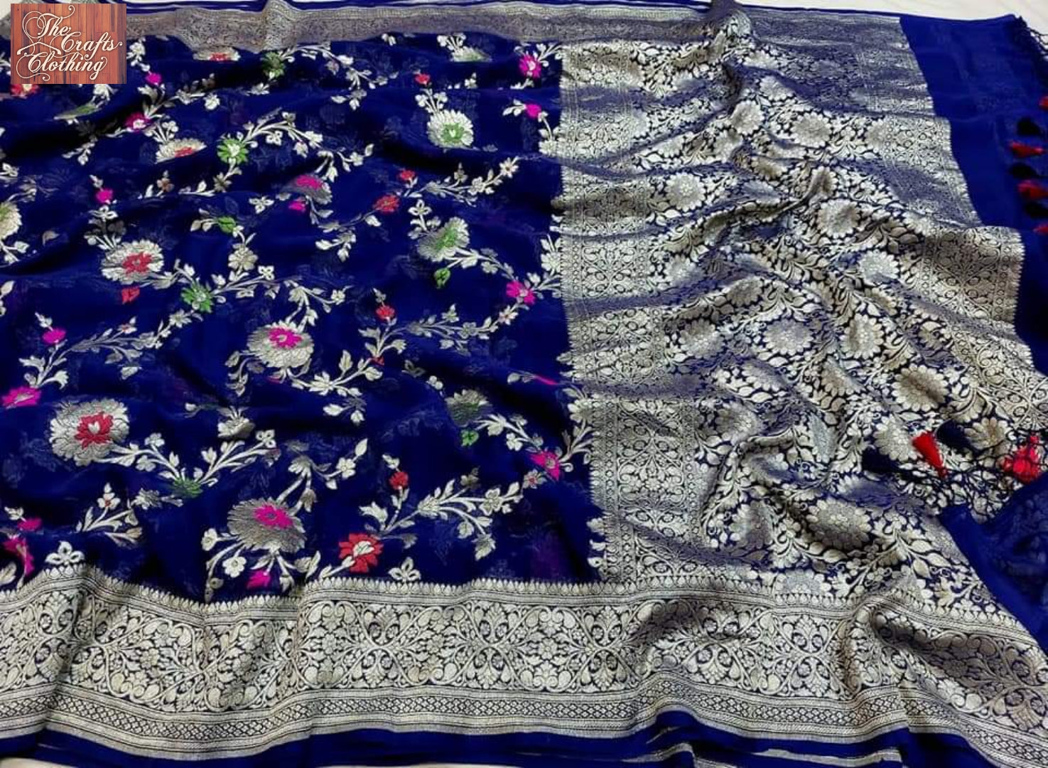 Khaddi Georgette Handloom Banarasi Saree - Jaal with Meenakari - The Crafts Clothing