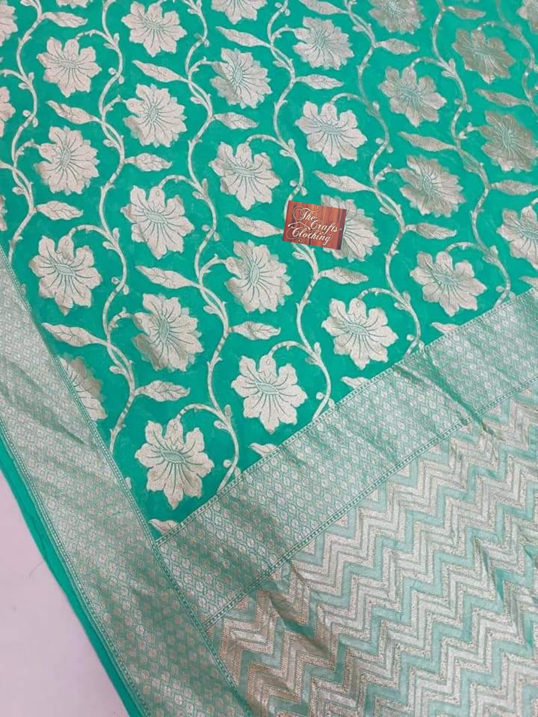 Khaddi Georgette Handloom Banarasi Saree - Sea green - The Crafts Clothing