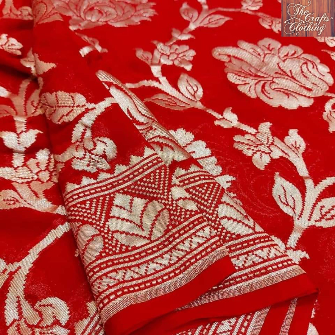 Red Khaddi Georgette Handloom Banarasi Saree - The Crafts Clothing