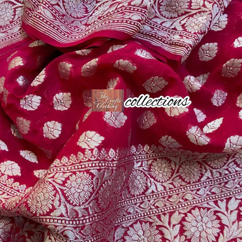 Pure Georgette Banarasi Saree - Silver Zari - The Crafts Clothing