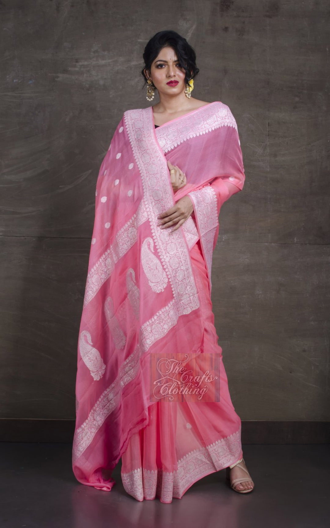 Pure Georgette Banarasi Saree - Silver Zari - The Crafts Clothing