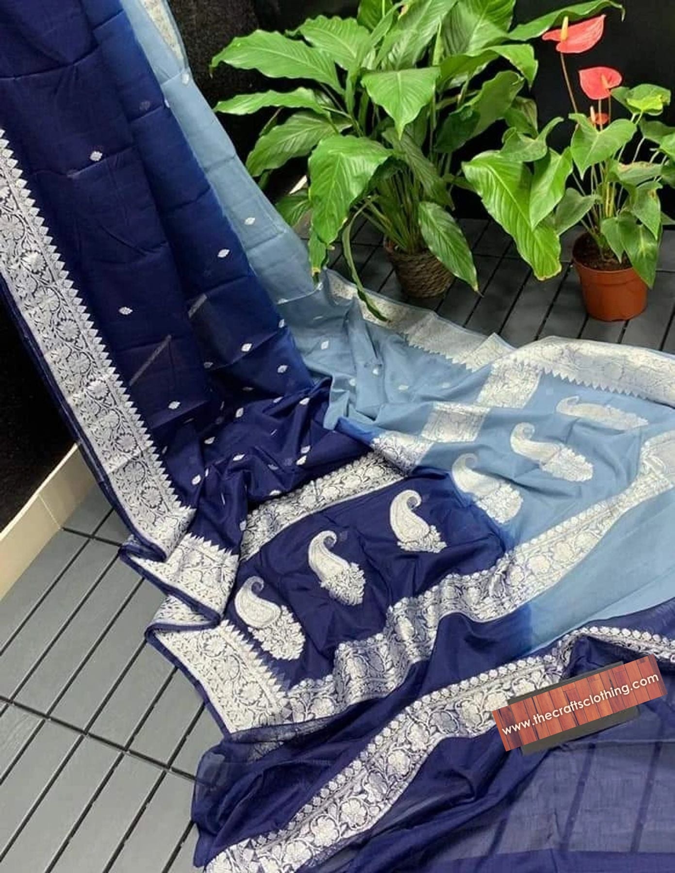 Pure Georgette Banarasi Handloom Saree - Silver Zari - The Crafts Clothing