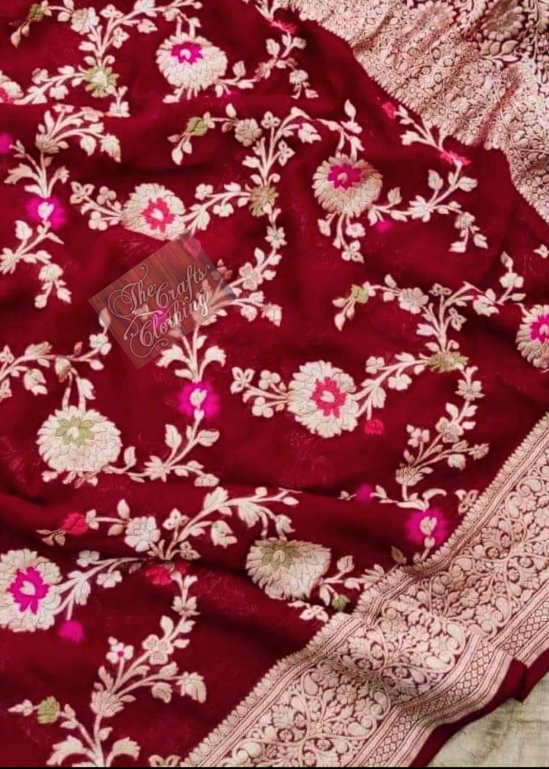 Khaddi Georgette Handloom Banarasi Saree - Jaal with Meenakari - The Crafts Clothing