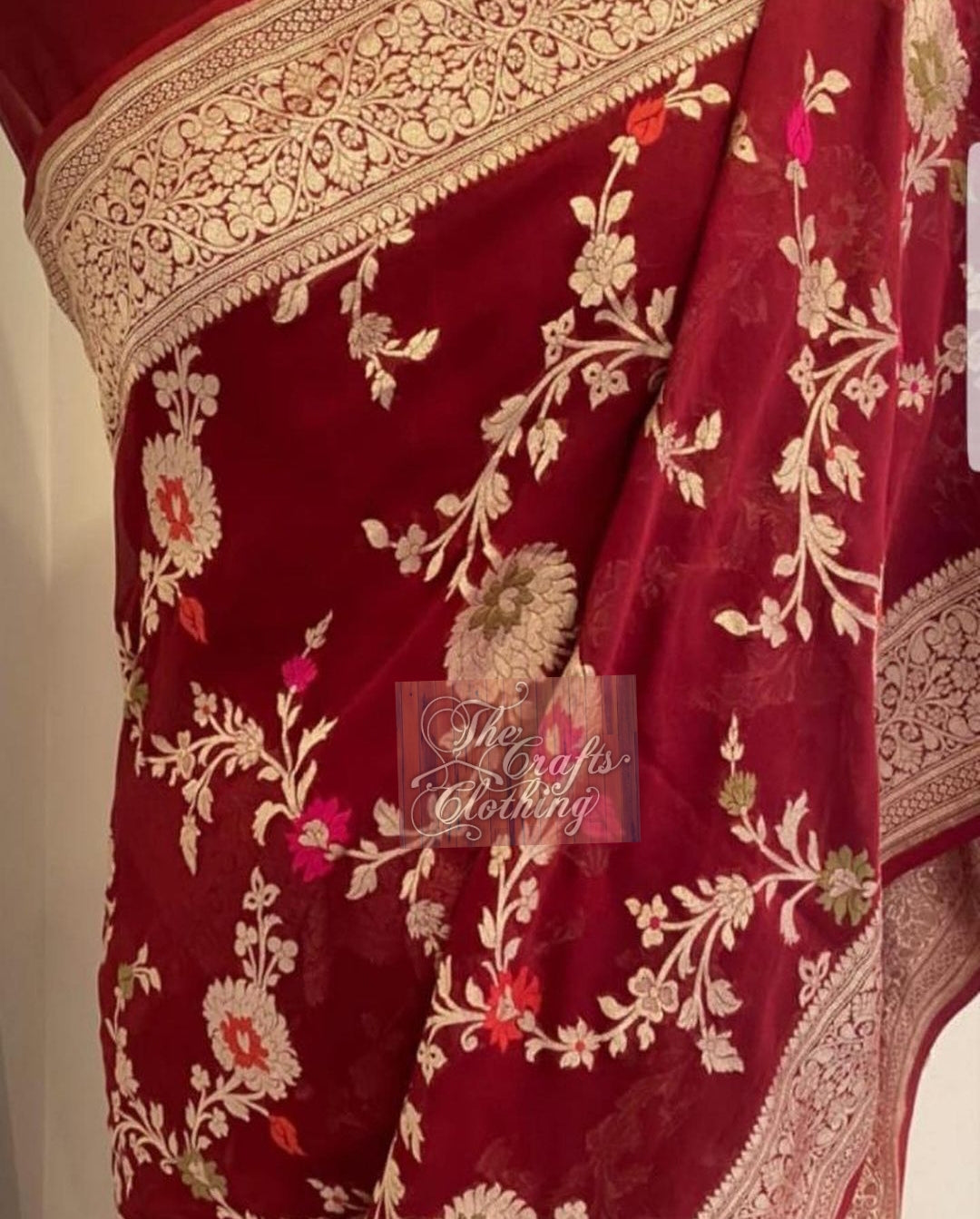 Khaddi Georgette Handloom Banarasi Saree - Jaal with Meenakari - The Crafts Clothing