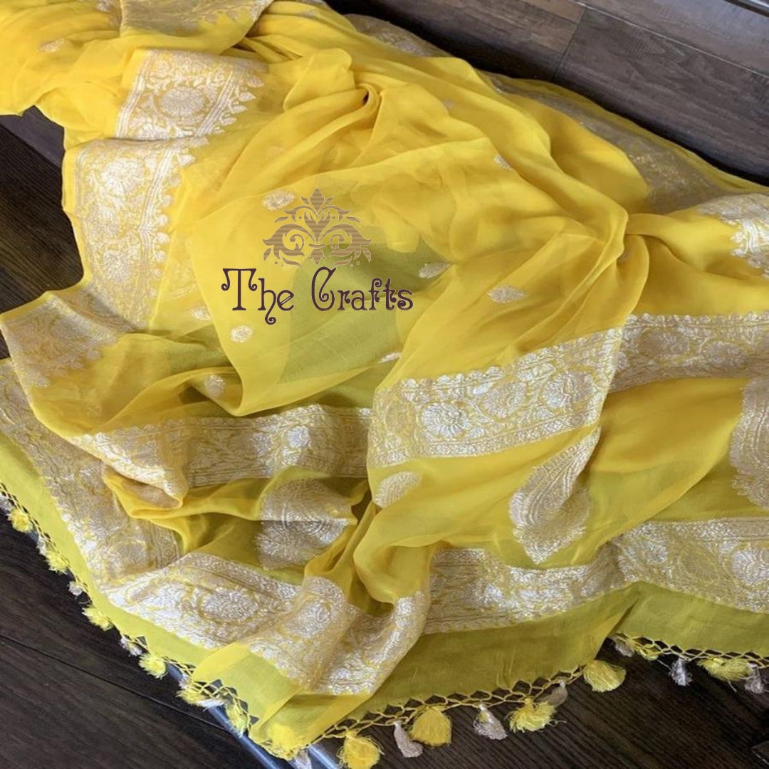 Pure Georgette Banarasi Saree - Yellow - The Crafts Clothing