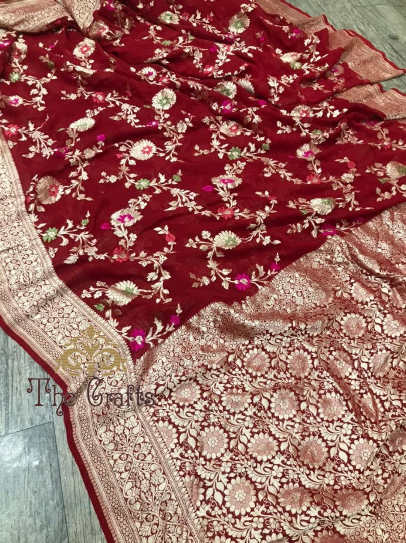 Khaddi Georgette Handloom Banarasi Saree - Jaal with Meenakari - The Crafts Clothing