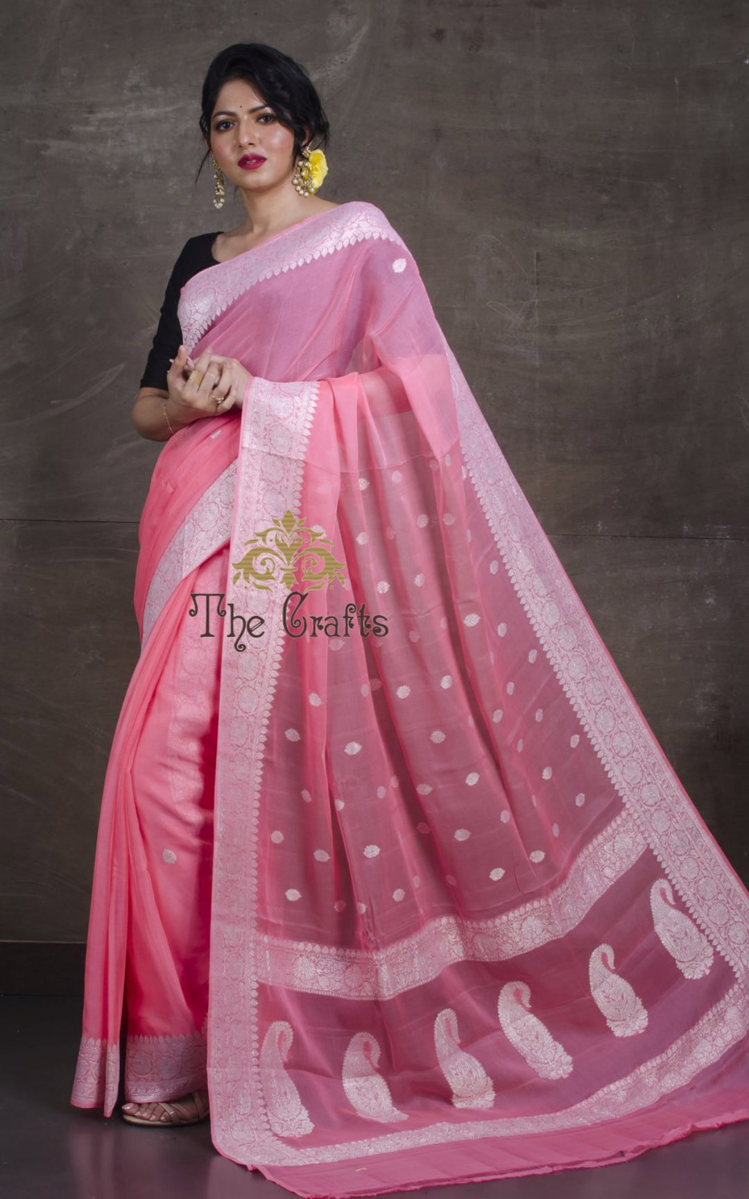 Pure Georgette Banarasi Saree - Silver Zari - The Crafts Clothing