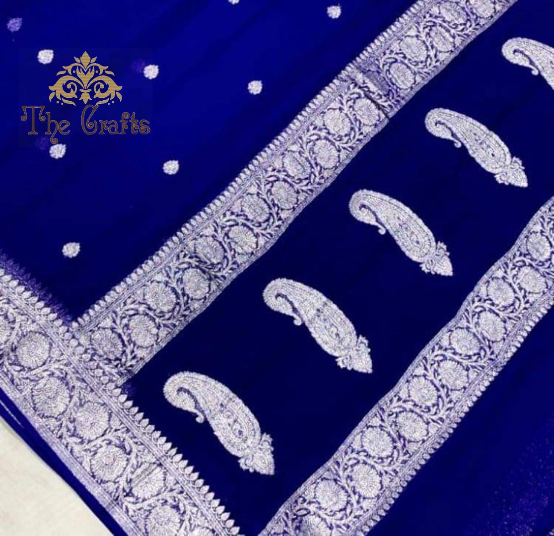 Pure Georgette Banarasi Saree - Silver Zari - The Crafts Clothing