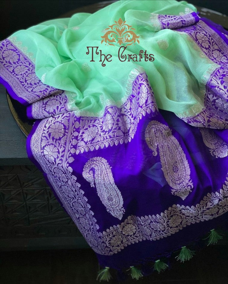 Pure Georgette Banarasi Handloom Saree - Silver Zari - The Crafts Clothing