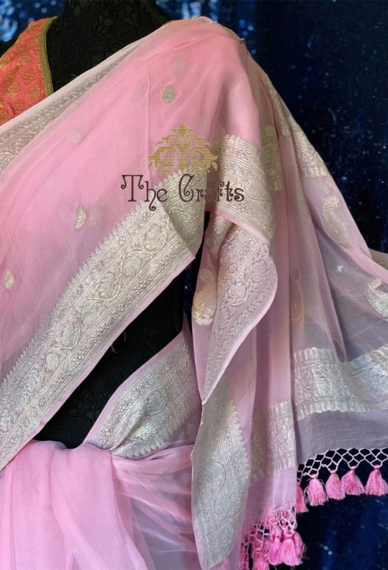 Pure Handloom Georgette Banarasi Saree - Baby Pink - The Crafts Clothing