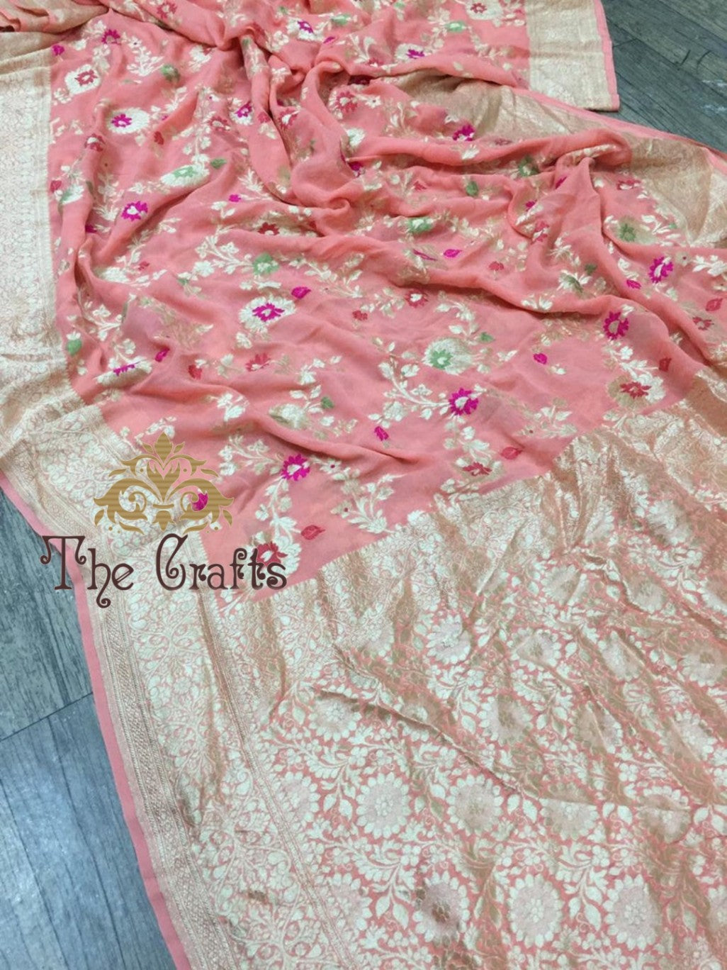 Khaddi Georgette Handloom Banarasi Saree - Jaal with Meenakari - The Crafts Clothing