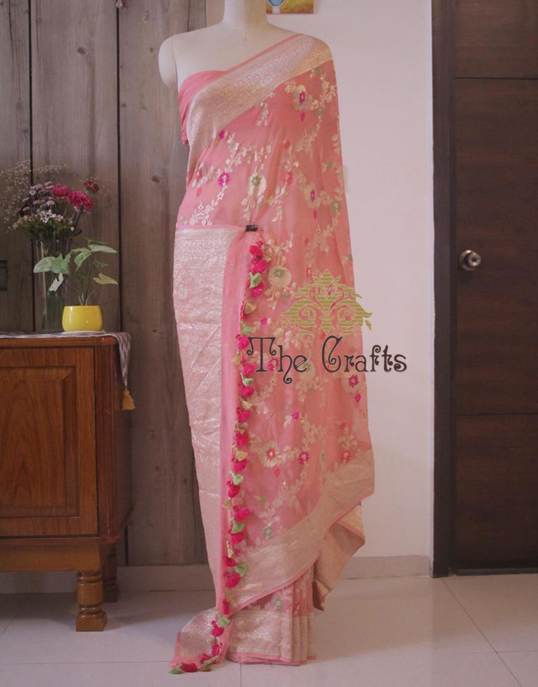 Khaddi Georgette Handloom Banarasi Saree - Jaal with Meenakari - The Crafts Clothing