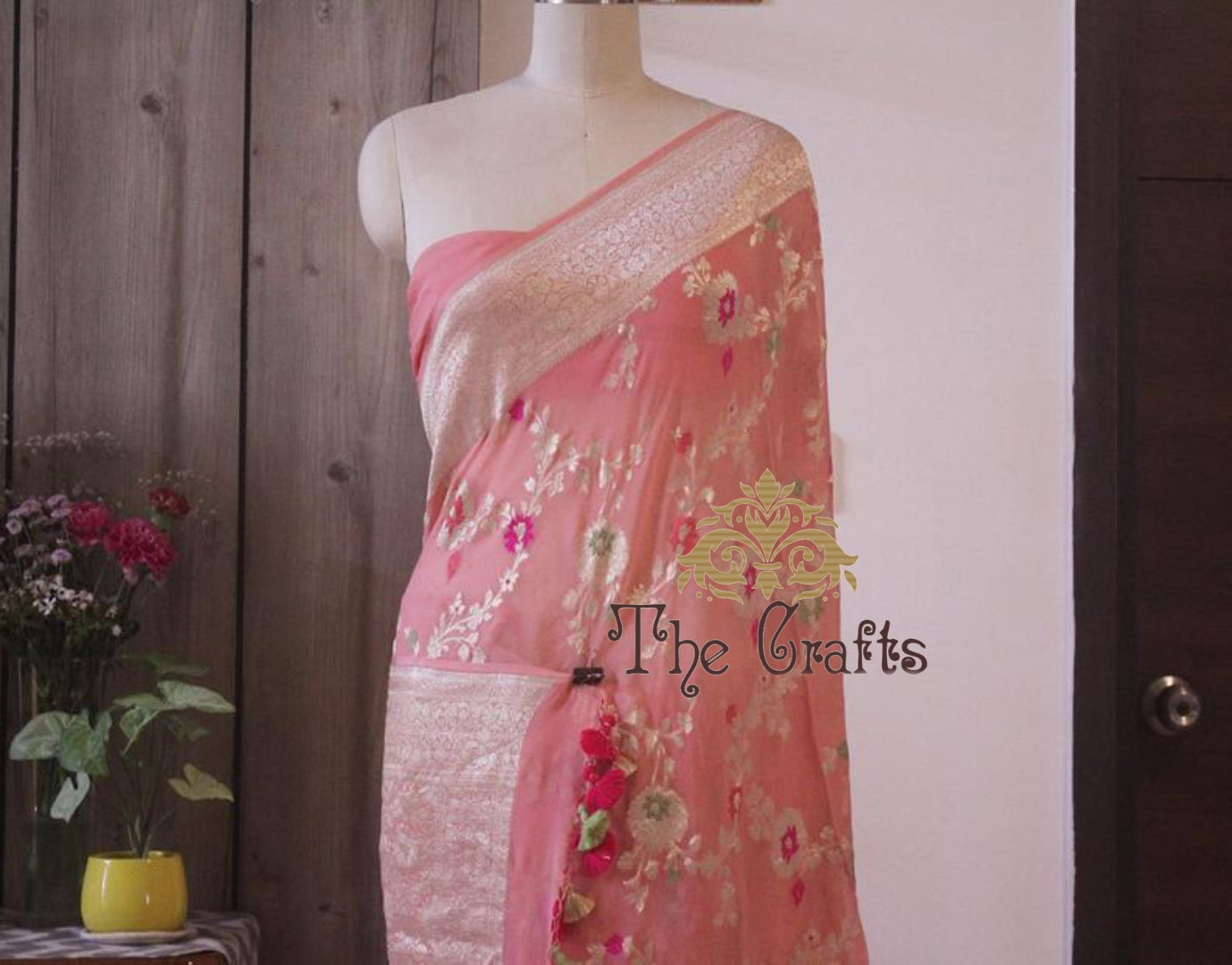 Khaddi Georgette Handloom Banarasi Saree - Jaal with Meenakari - The Crafts Clothing