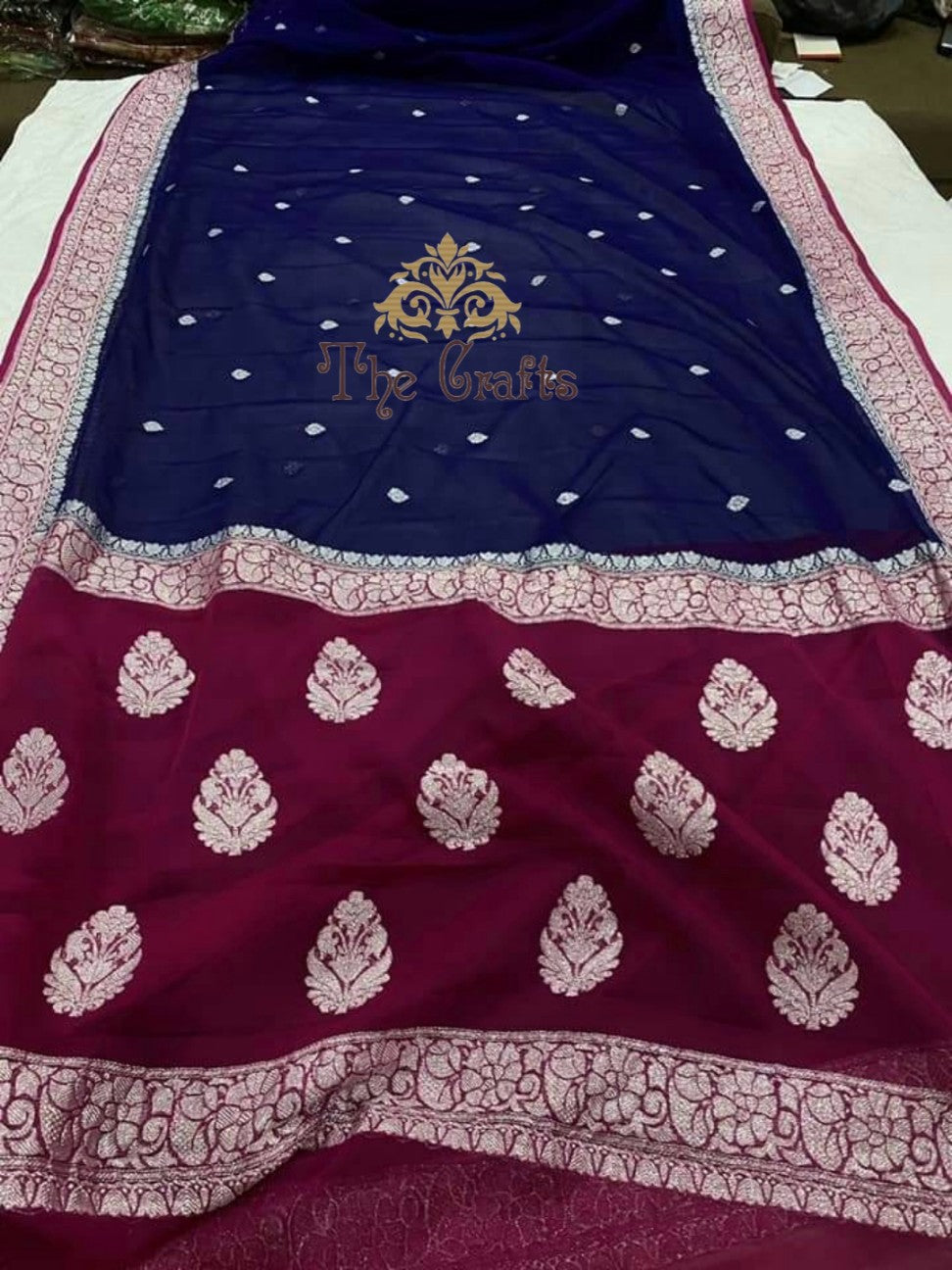 Pure Georgette Handloom Banarasi Saree - Silver Zari - The Crafts Clothing