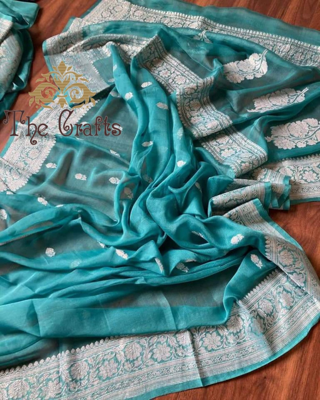 Pure Georgette Banarasi Saree - Silver Zari - The Crafts Clothing