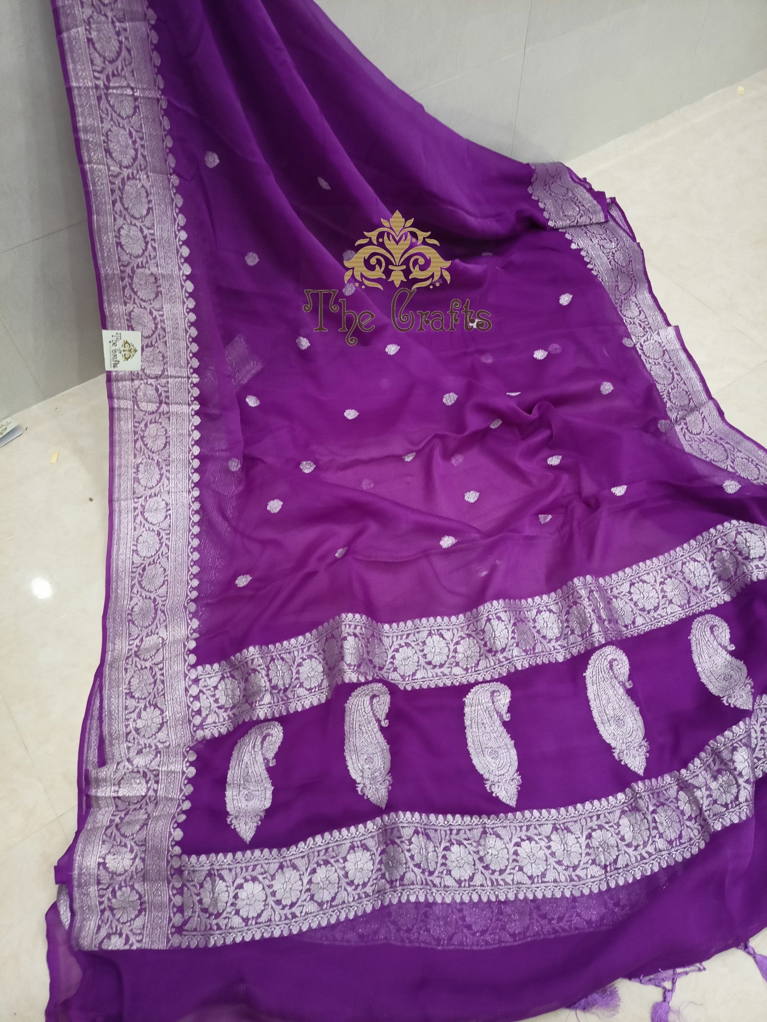 Pure Georgette Banarasi Saree - Silver Zari - The Crafts Clothing