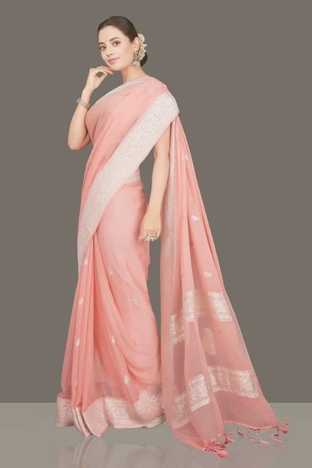 Pure Georgette Banarasi Saree - Silver Zari - The Crafts Clothing