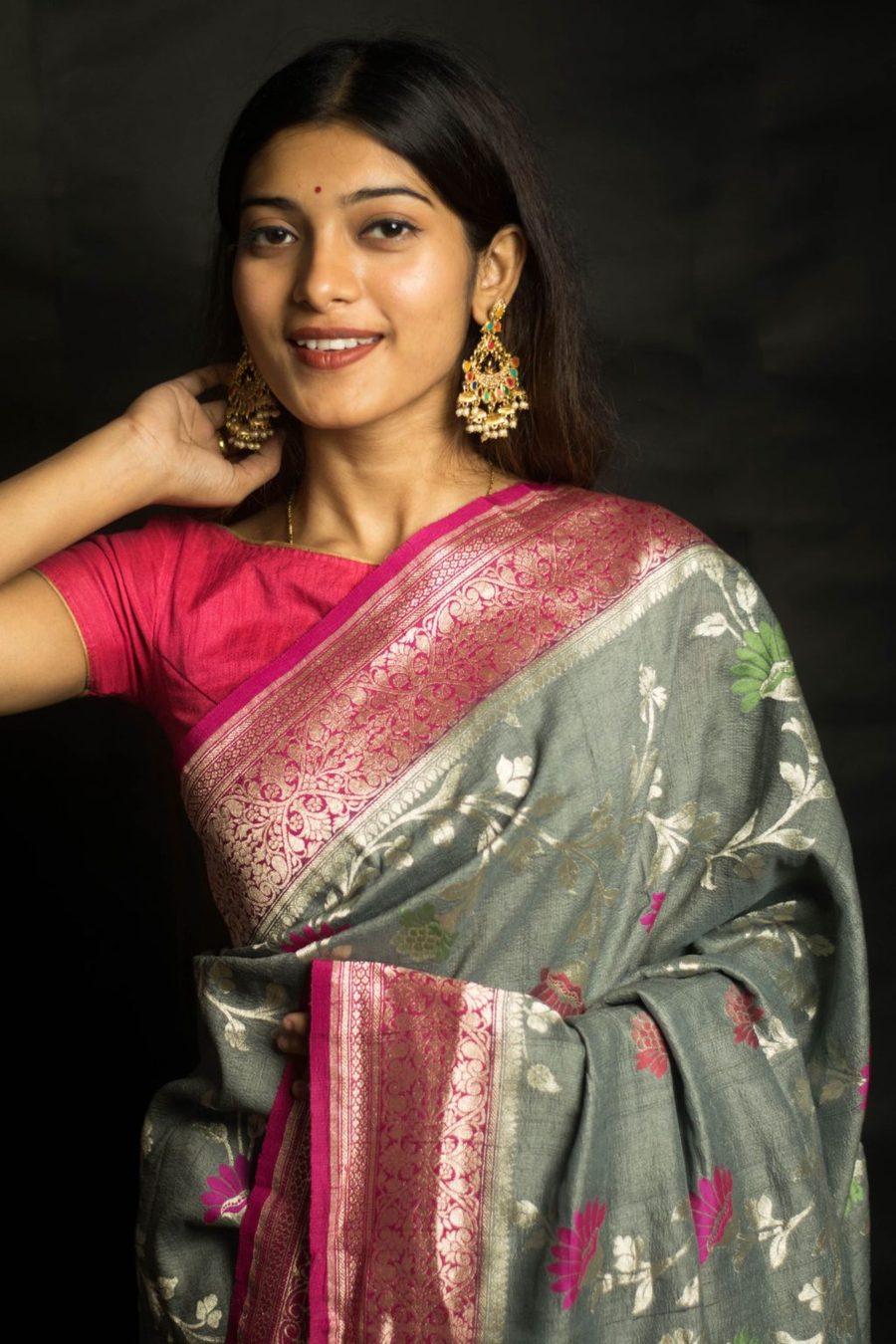 Tussar Georgette Handloom Banarasi Saree - Meenakari - The Crafts Clothing