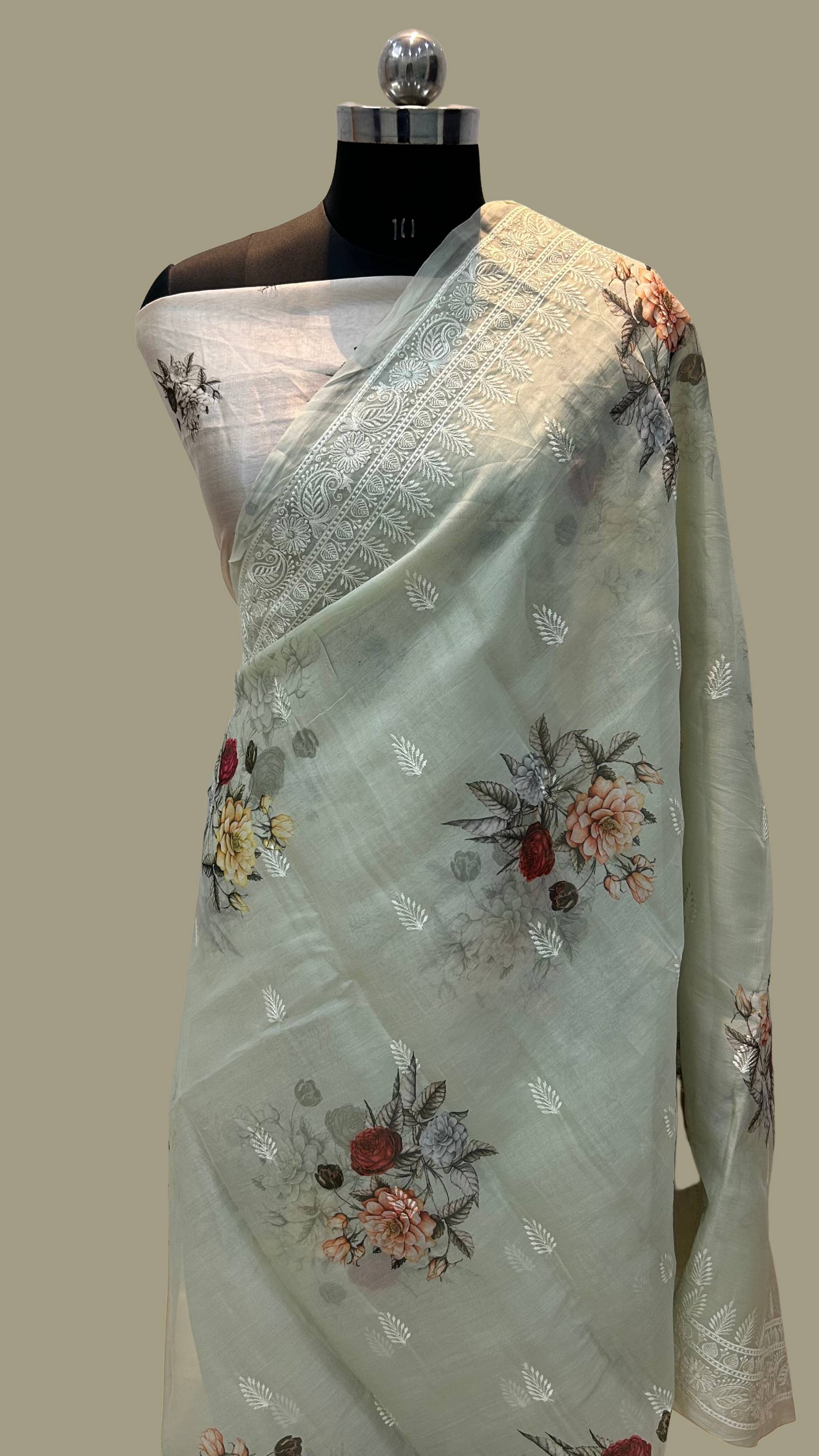 Kora Silk Banarasi Saree - Digital print with chikankari