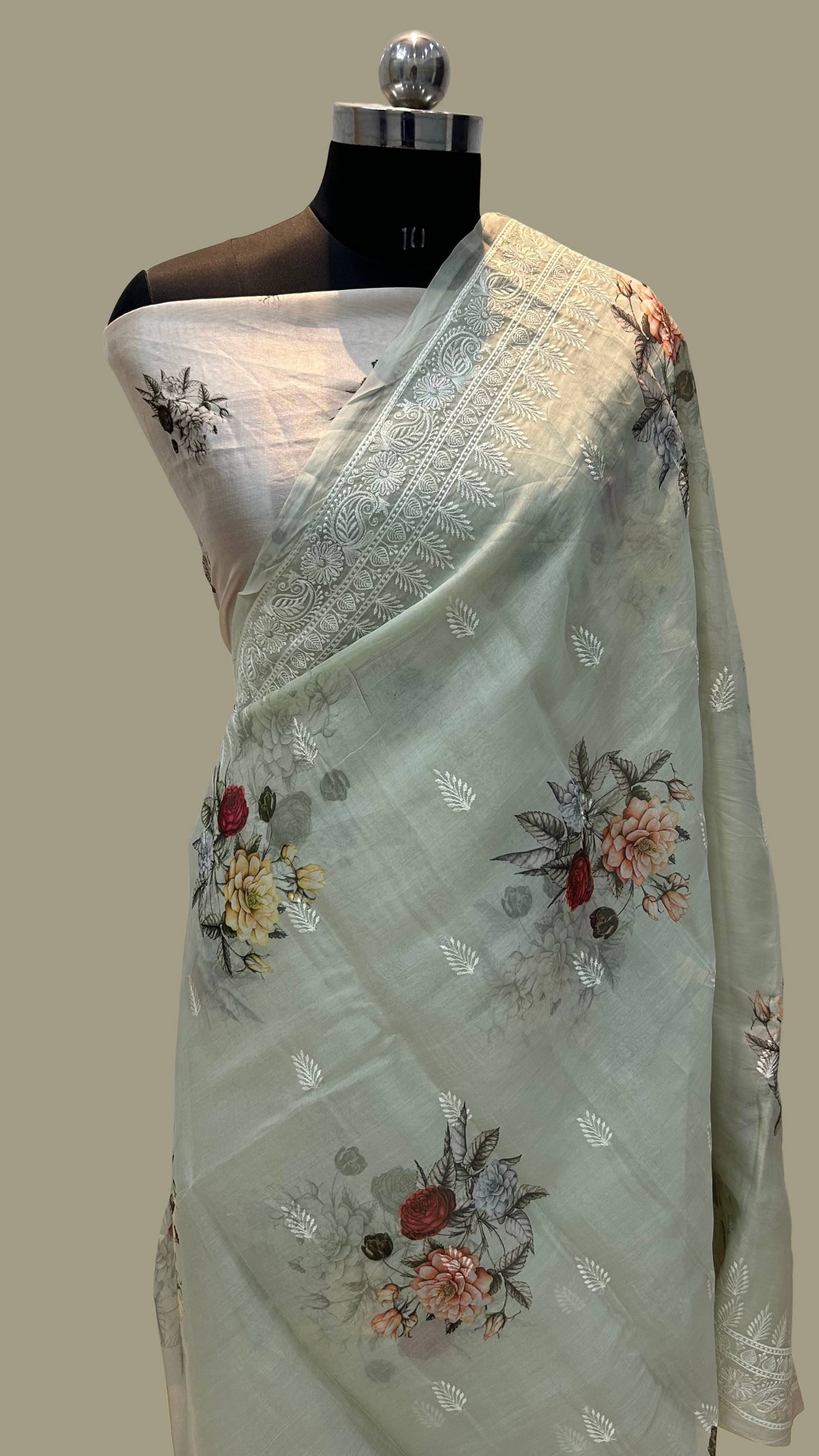 Kora Silk Banarasi Saree - Digital print with chikankari