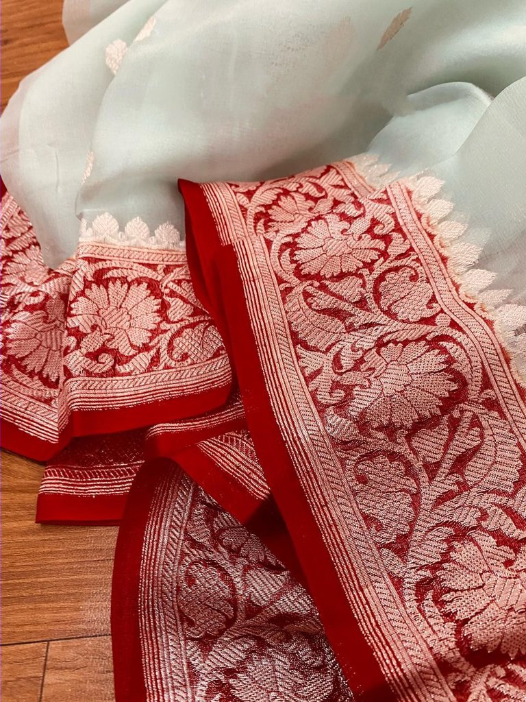 Pure Georgette Banarasi Handloom Saree - Silver Zari - The Crafts Clothing