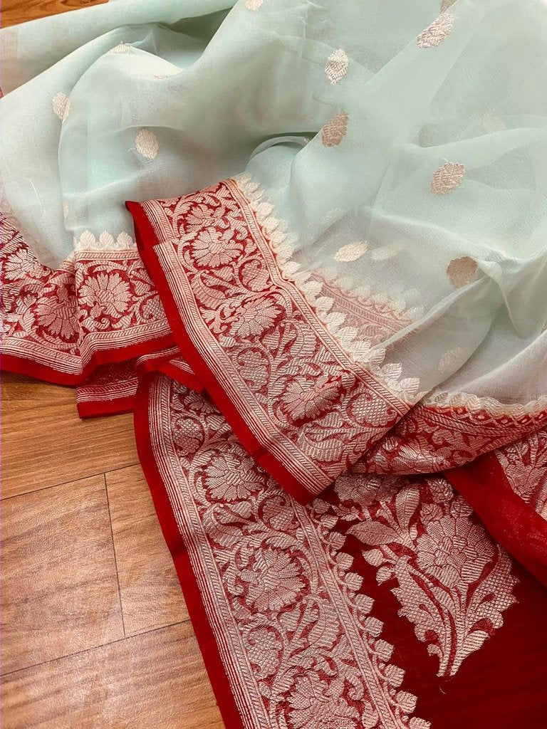Pure Georgette Banarasi Handloom Saree - Silver Zari - The Crafts Clothing