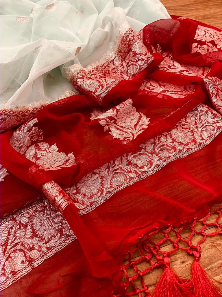 Pure Georgette Banarasi Handloom Saree - Silver Zari - The Crafts Clothing