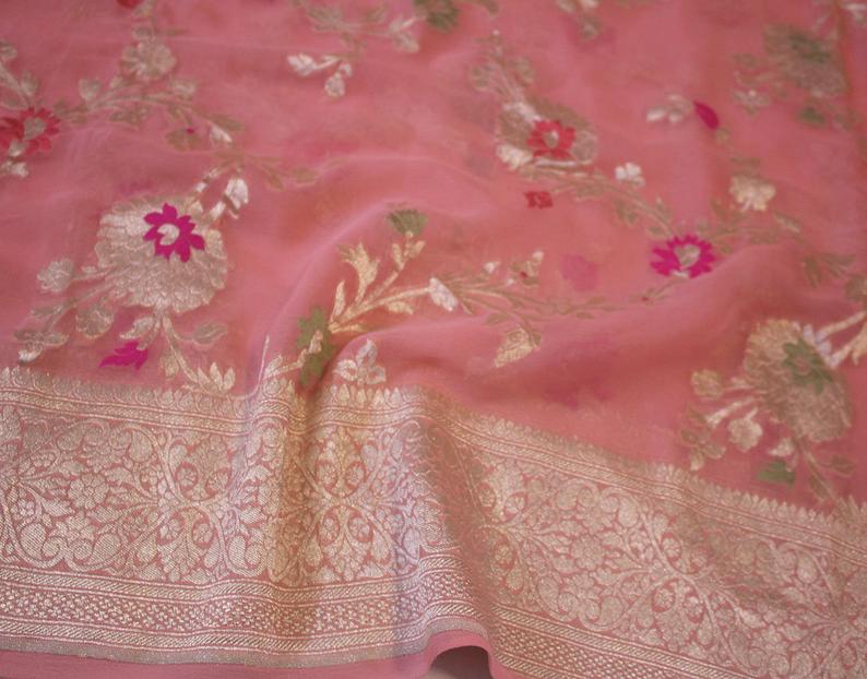 Khaddi Georgette Handloom Banarasi Saree - Jaal with Meenakari - The Crafts Clothing