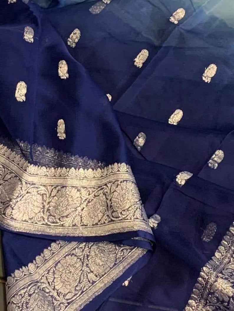 Pure Georgette Banarasi Handloom Saree - Silver Zari - The Crafts Clothing