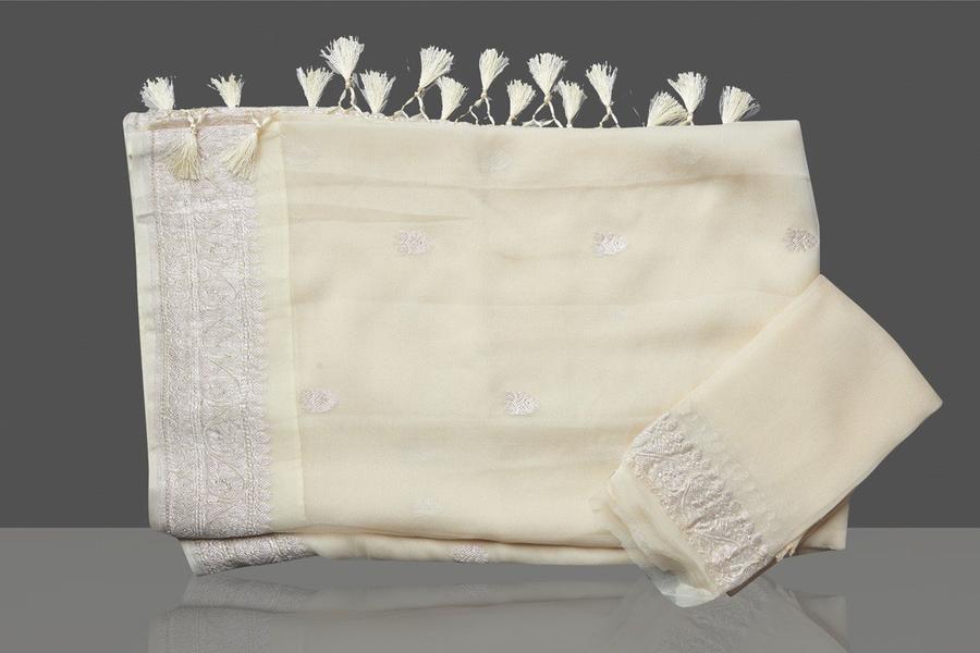 Pure Handloom Georgette Saree Banarasi - off white - The Crafts Clothing