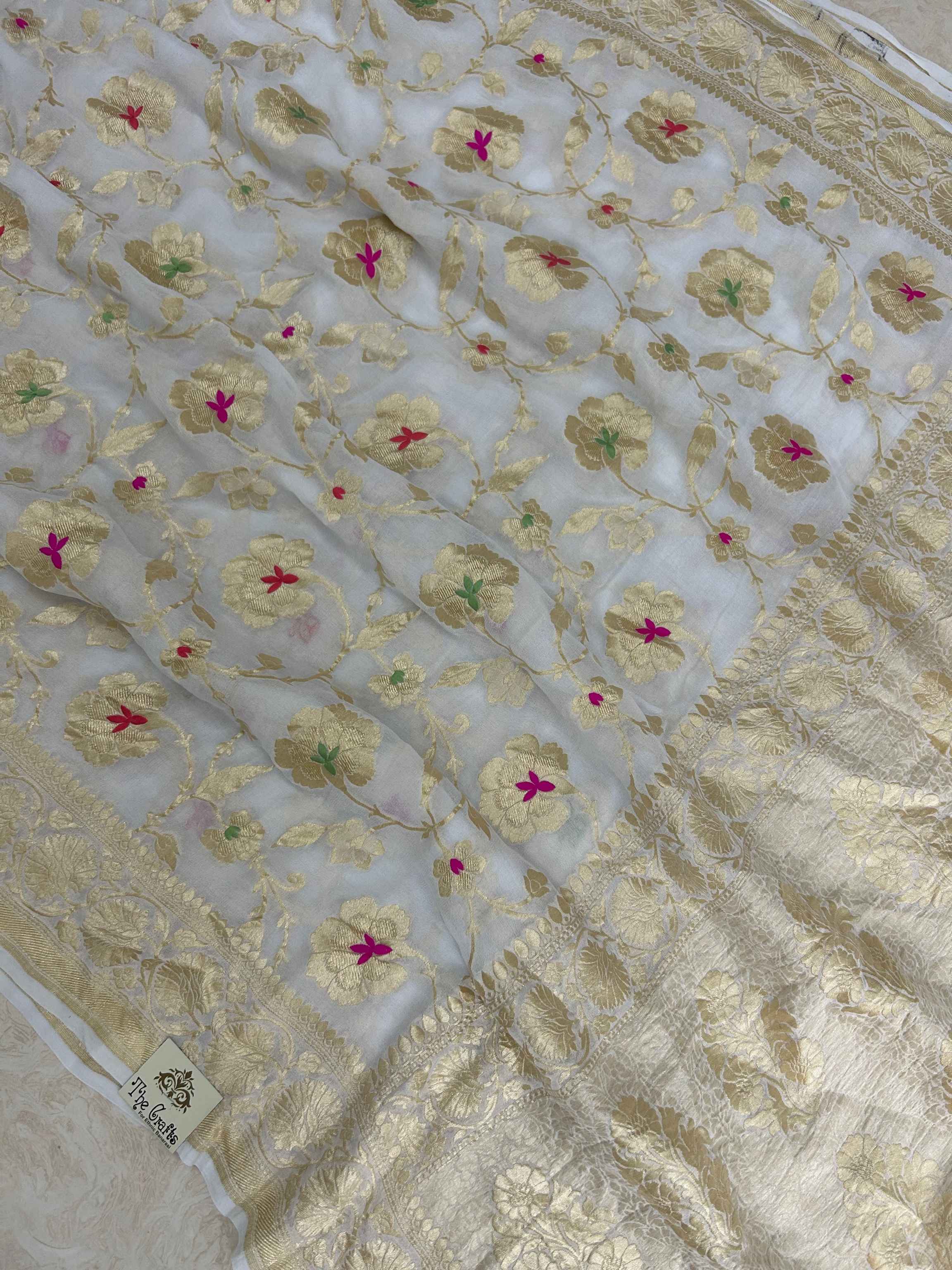 Khaddi Georgette Handloom Banarasi Saree - Jaal with Meenakari