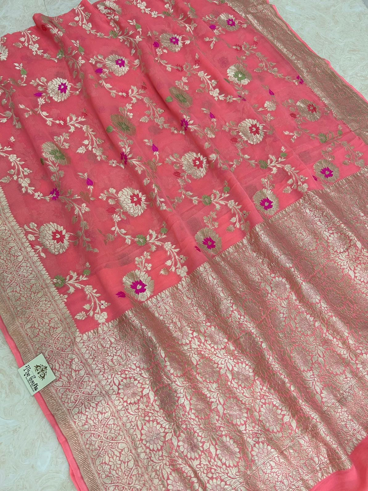 Khaddi Georgette Handloom Banarasi Saree - Jaal with Meenakari