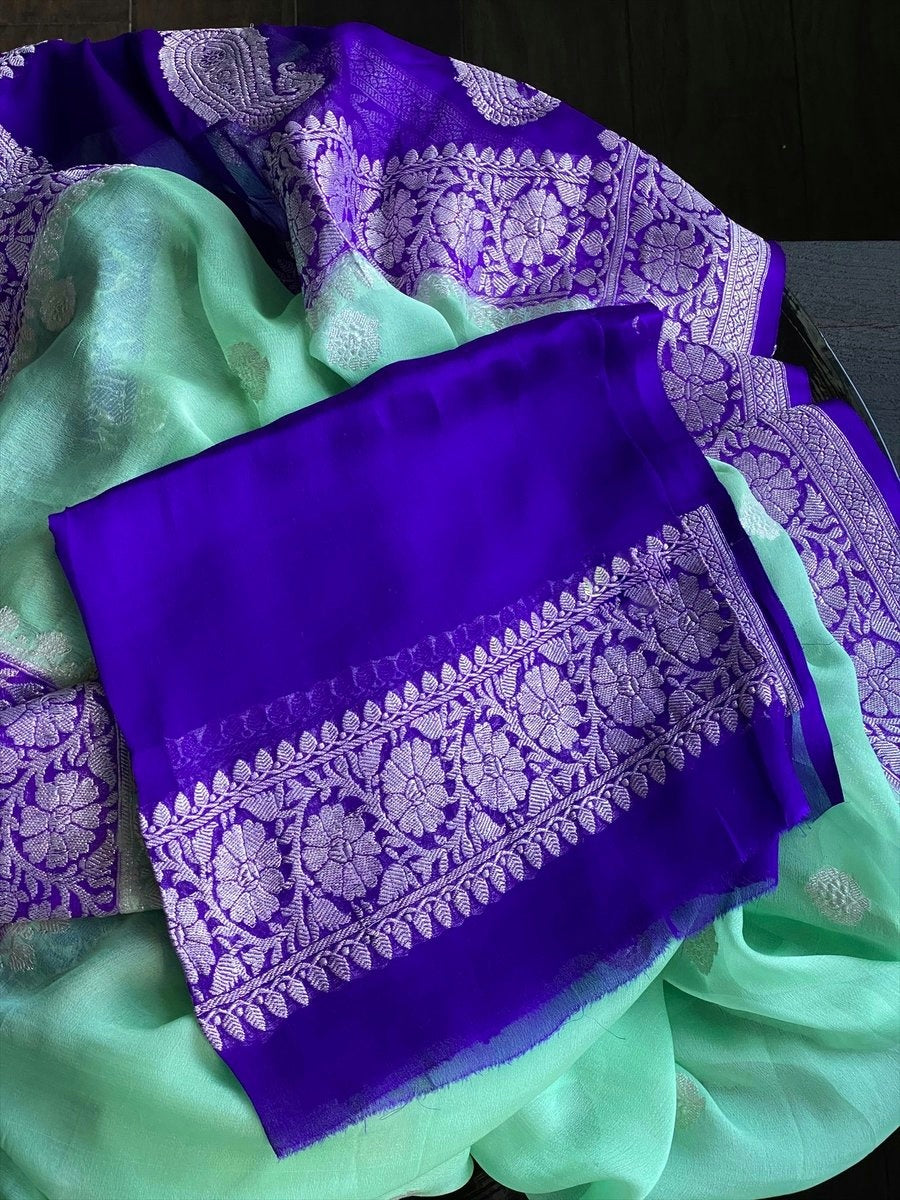 Pure Georgette Banarasi Handloom Saree - Silver Zari - The Crafts Clothing