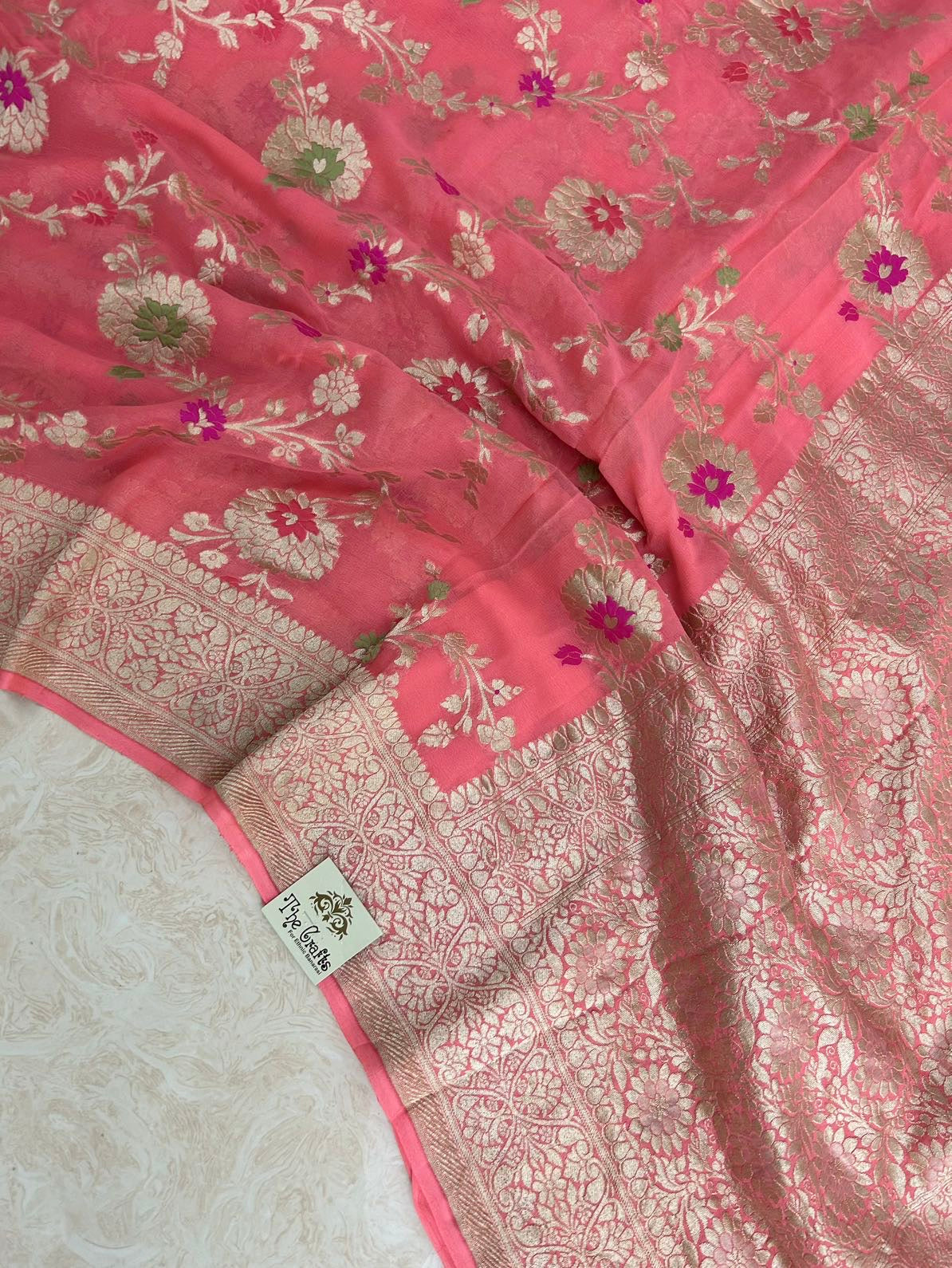 Khaddi Georgette Handloom Banarasi Saree - Jaal with Meenakari