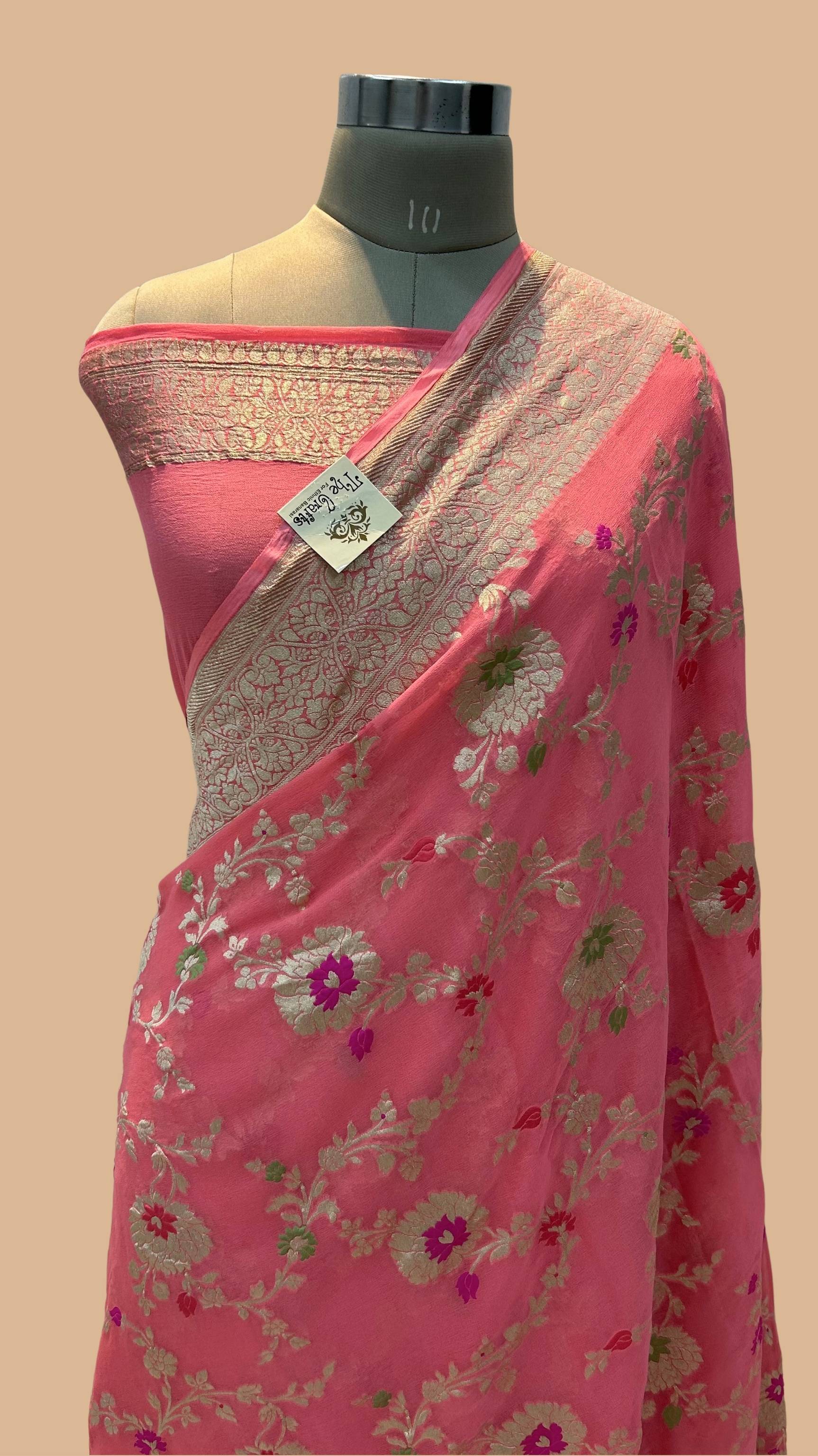 Khaddi Georgette Handloom Banarasi Saree - Jaal with Meenakari