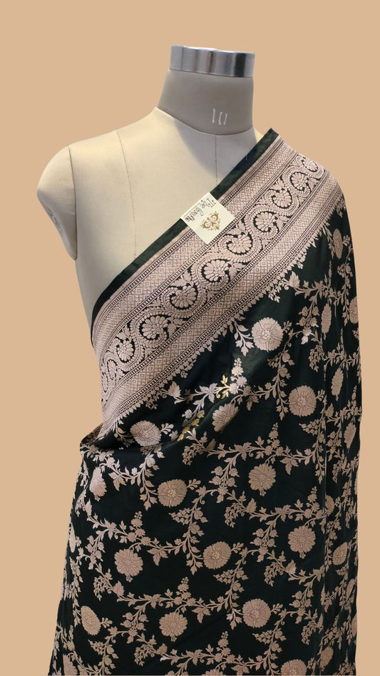 Black Pure Katan Silk Handloom Banarasi Saree - Jaal work
