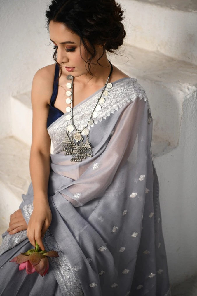 Pure Georgette Banarasi Saree - Silver Zari - The Crafts Clothing